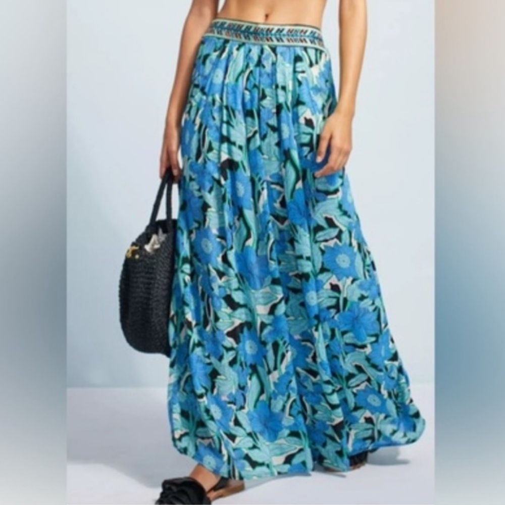Maaji Wide Leg Embroidered Waist Beach Pants Blue Floral Flowy Resort-Medium